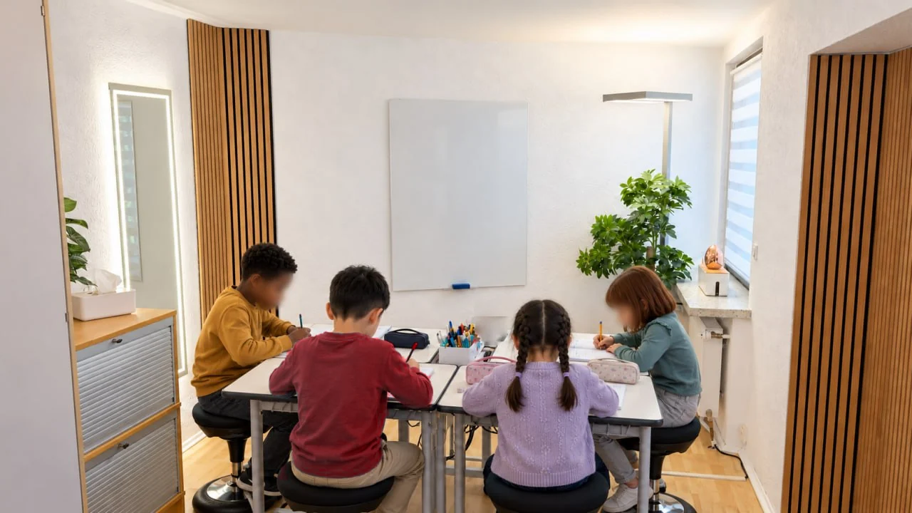 Vier Kinder lernen am Gruppentisch bei INGkids